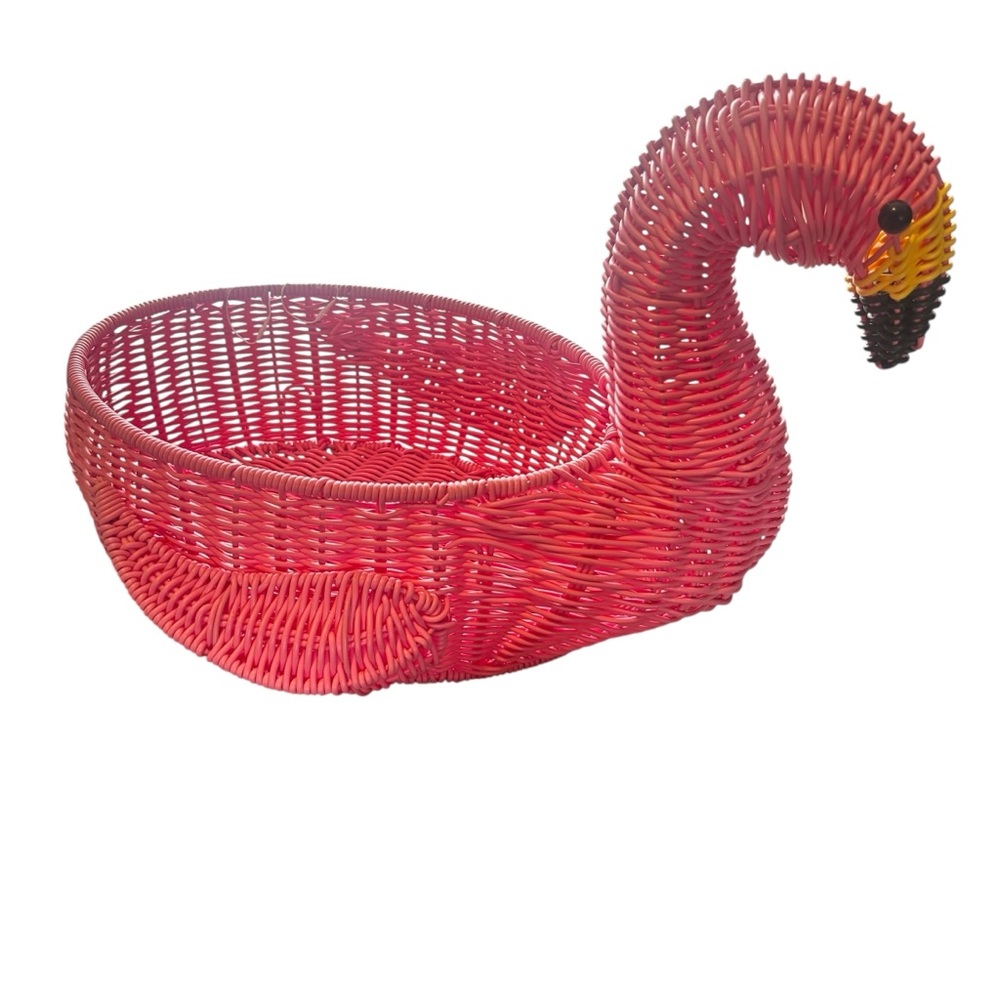 17" Pink FLAMINGO Aura WICKER Serving BASKET Home Decor STORAGE Picnic HANDLES